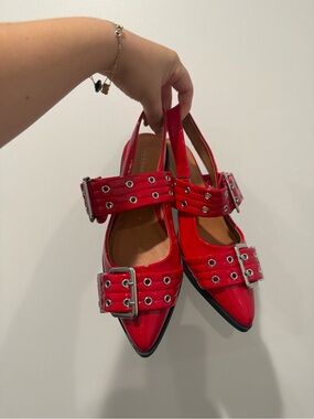 Red Patent Pointed Buckle Slingback Flats